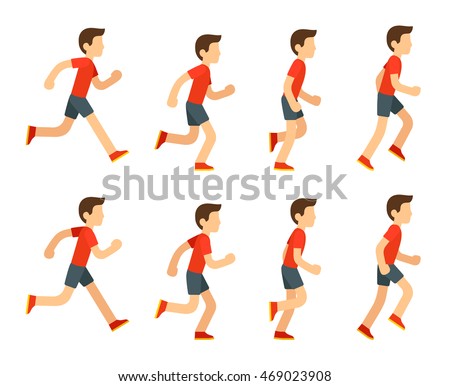 Running man animation sprite set. 8 frame loop. Flat cartoon style vector illustration.