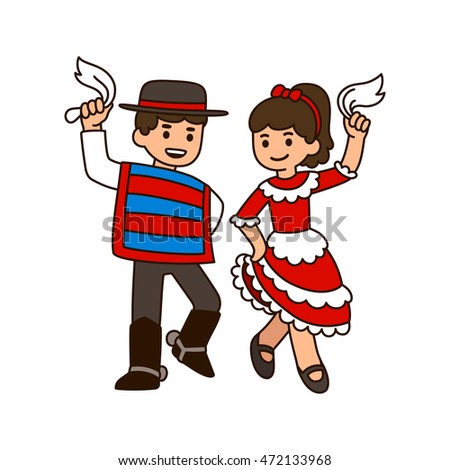 Cute Cartoon Children Dancing Cueca, Traditional Dance In Chile. Boy ...