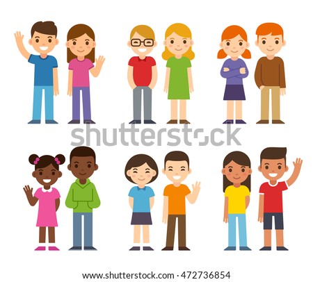 Set of cute cartoon diverse children, boys and girls. Simple flat vector style.