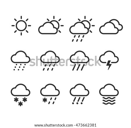 Weather icons set. 12 isolated line icons with clouds, skies and precipitations.