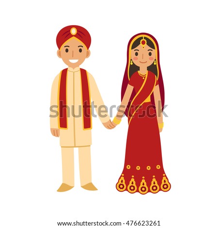Indian Wedding Couple In Traditional Dress Holding Hands And Smiling ...