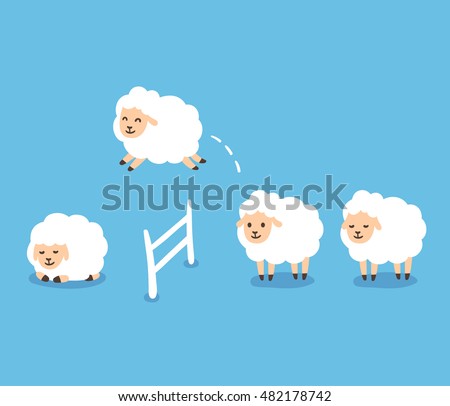 Counting sheep to fall asleep vector illustration. Cute cartoon sheep jumping over fence. Good night sleep metaphor.