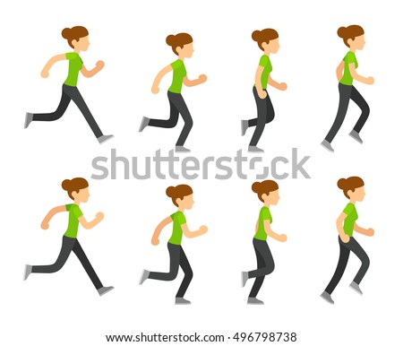 Running woman animation frames set. Flat cartoon vector illustration sequence of jogging female athlete.