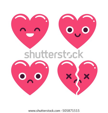 Cute cartoon emoticon hearts set, happy and sad and broken. Modern flat style vector heart illustration. Stockfoto © 