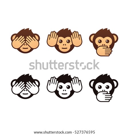 See no evil, hear no evil, speak no evil. Three wise monkeys vector icons. Color and black and white version.