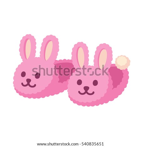 Pair of fuzzy bunny home slippers. Cute pink rabbit shoes cartoon vector illustration.