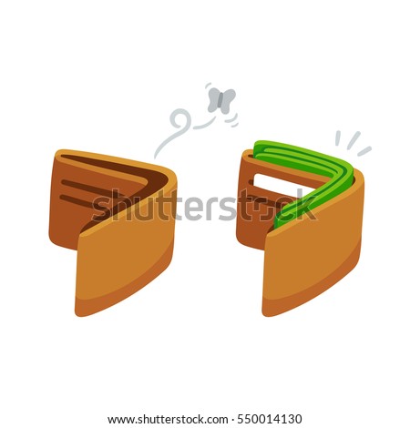 Cartoon wallet, full with cash and empty with moth. Business and finance vector illustration.