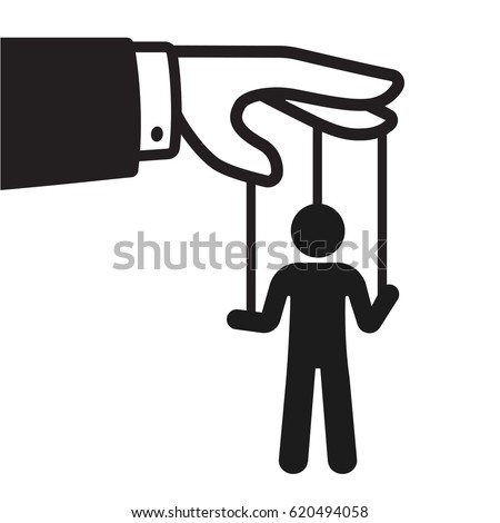 Cartoon hand with string puppet silhouette. Politics and control concept. Black and white isolated vector illustration.