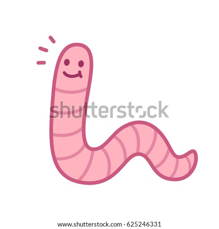 Cute cartoon smiling worm drawing. Little pink earthworm isolated vector illustration.