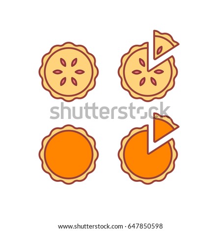 Pie icons set, isolated vector illustration. Traditional pumpkin and strawberry pies, whole and cut piece. Modern simple flat line style icons.