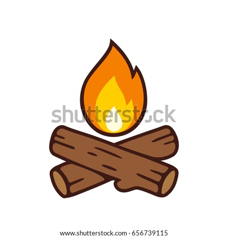 Campfire vector icon illustration isolated on white. Crossed logs and fire flame in cartoon style.