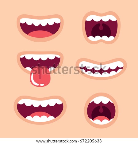 Funny Cartoon mouths set with different expressions. Smile with teeth, sticking out tongue, surprised. Simple vector illustration.