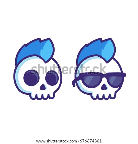 Cool cartoon punk rock skull with mohawk and sunglasses. Comic style vector illustration for sticker or logo.