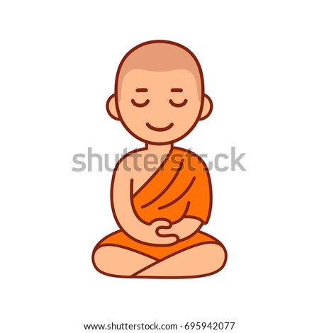 Buddhist monk in orange robes sitting in meditation. Cute cartoon tibetan monk meditating vector illustration.