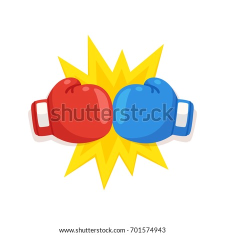 Boxing gloves fight icon, red vs blue. Battle emblem cartoon vector illustration.