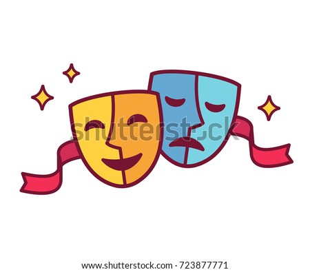 Traditional theater symbol, comedy and tragedy masks with red ribbon. Yellow happy and blue sad mask icon, vector illustration.