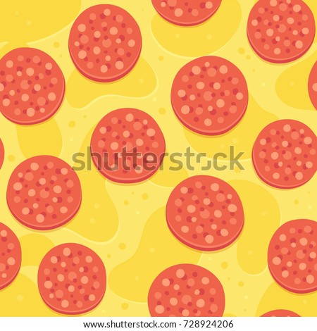 Seamless pepperoni pizza pattern. Cheese texture with salami circles, bright flat cartoon vector illustration. Tileable background.