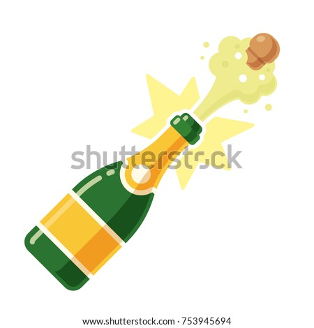 Champagne bottle opening with a pop and cork flying. Vector illustration in modern flat cartoon style isolated on white background.