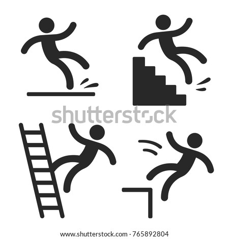 Caution symbols with stick figure man falling. Wet floor, tripping on stairs, fall down from ladder and over the egde. Workplace safety and injury vector illustration.