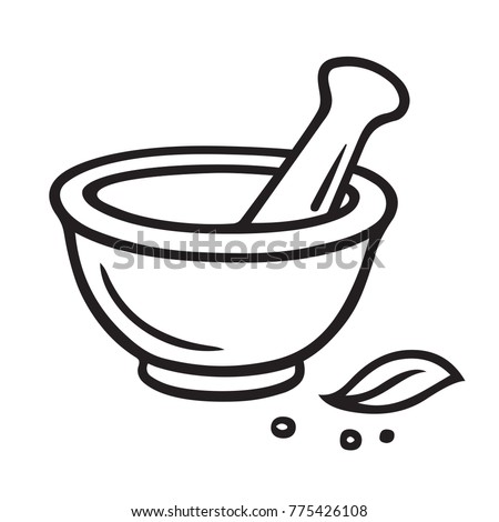Hand drawn mortar and pestle vector illustration. Simple outline drawing of kitchen or pharmacy equipment. Grinding herbs and spices.