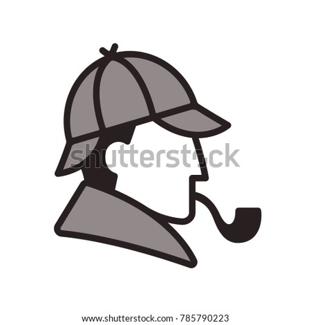 Stylized Sherlock Holmes profile logo. Classic detective with hat and smoking pipe. Simple and minimal portrait icon.