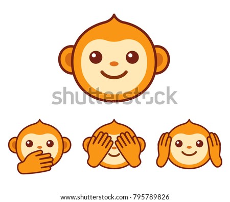 Cute cartoon monkey face icon. Three wise monkeys with hands covering eyes, ears and mouth: 