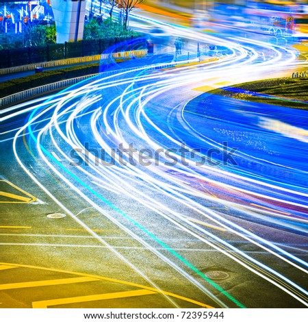 the light trails on the steet in shanghai china.