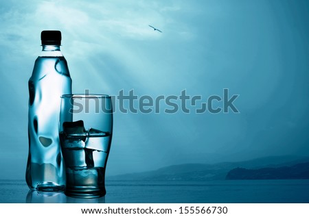 Spring mineral water bottled with glass and ice against natural marine landscape