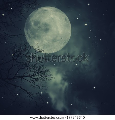 Retro style artwork with cloudy skies, full moon and old tree