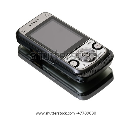 New technology smart phone. Silver mobile phone on white background with reflection