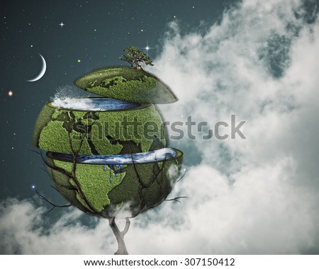 Global warming concept. Sliced Earth on the world tree against cloudy night skies