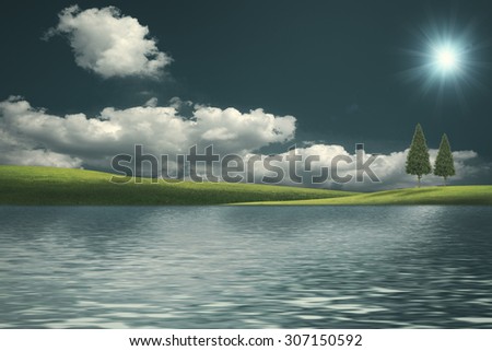 Fairy natural landscape with green hills under blue skies and couple of woods