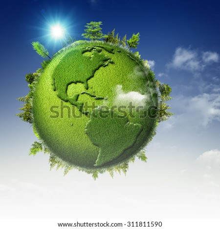 Green planet. Abstract eco backgrounds with blue skies, clouds and Earth globe