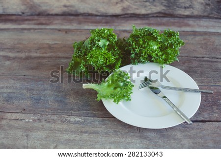 Letucce salad leaves on wooden background. Healthy food illustration. Salad ingridient on the plate.