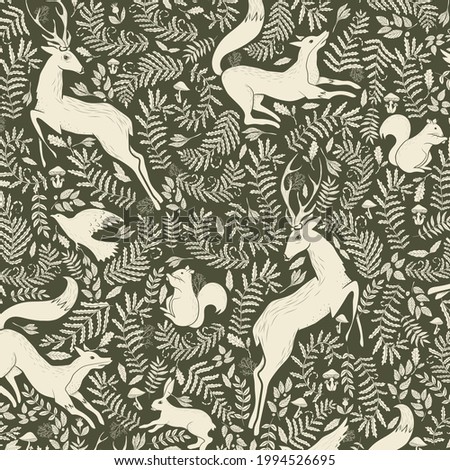 Forest Wildlife Seamless Pattern with Hand Drawn Deer, Fox, Raven, Squirrel, Rabbit Elements. Wild Animals in the Forest. Repeat Design good for wallpaper, fabric, baby clothes, blankets, backgrounds.
