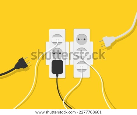Multi-socket adapter, electrical extension cord. Many plugs, wires and electrical appliances are included in the socket. Overload of the electrical network. Vector illustration.