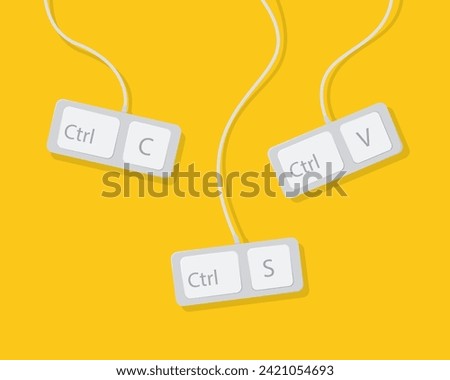 Keyboard shortcuts. Hotkey. Shortcut key. Hotkey combination. Ctrl C, Ctrl V, Ctrl S, copy paste. Computer keyboard and wires. Vector illustration.	