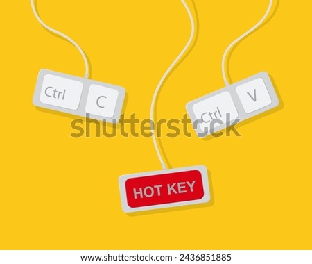 Hotkey. Keyboard shortcuts. Shortcut key. Hotkey combination. Ctrl C, Ctrl V, Ctrl S, copy paste.Computer keyboard and wires. Vector illustration.	