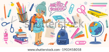 Big set of school supplies. Hello school lettering. Little cute girl is going to study. Children's subjects. Vector illustration in a flat style on a white background. All objects are isolated Foto stock © 
