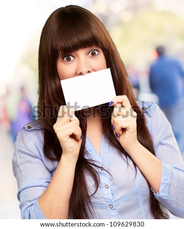 Woman Holding Blank Card, Outdoor