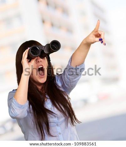 Portrait Of A Young Woman Looking Through Binoculars, Background