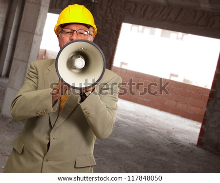 Portrait Of A Senior Man With Megaphone, Outdoor