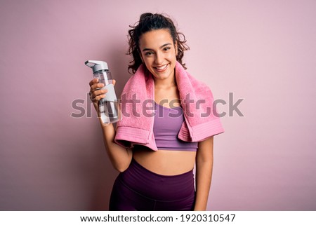 Image, Stock Photo Content sportswoman with water bottle taking selfie on smartphone