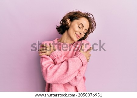 Similar – Image, Stock Photo Young brunette woman wearing casual coat writes sms online with smartphone chatting at street