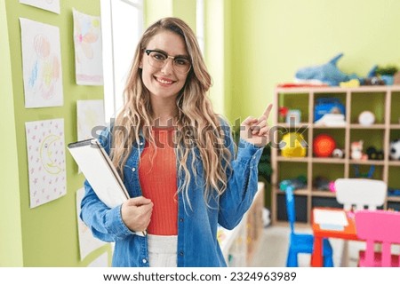 Image, Stock Photo Blonde Caucasian woman works from her home office