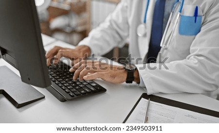 Similar – Image, Stock Photo doctor man indoors, using mobile phone. Wearing protective gloves, mask and stethoscope. coronavirus covid-19 concept