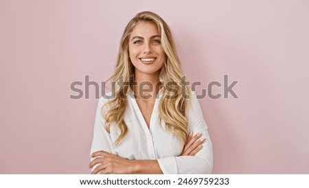 Similar – Image, Stock Photo Young blonde woman in summer outfit looks at the sea