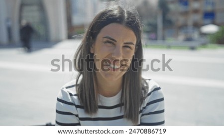 Similar – Image, Stock Photo Outdoor shot of brunette woman poses with big fitball, dressed in sportclothes, has training in open air, walks on road, poses near forest. Fitness trainer going to show masterclass for pregnant women