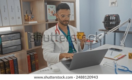 Similar – Image, Stock Photo young veterinarian man reading documents about illness of a cute small dog.on white background. Indoors