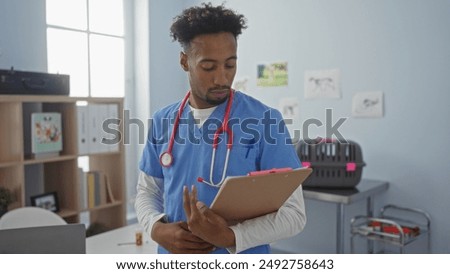 Similar – Image, Stock Photo young veterinarian man reading documents about illness of a cute small dog.on white background. Indoors